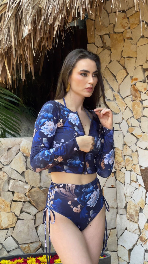 Blue Flower High Waisted & Long Sleeve